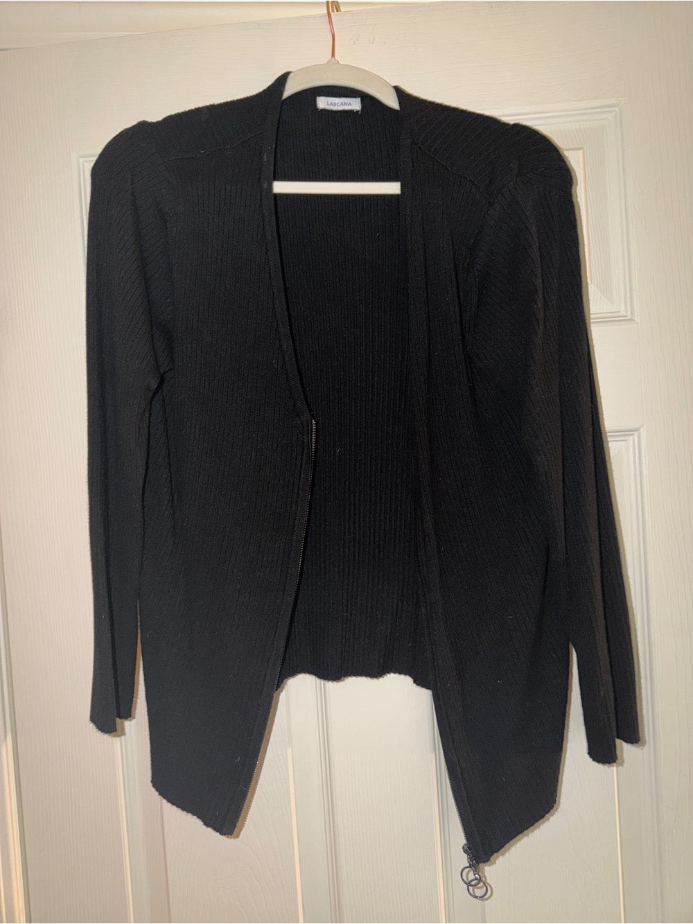 Women's Black Ribbed Open-Front Cardigan with Zip Detail